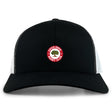 The Chico Oaks Retro Trucker Cap by EMB S&S Activewear features a black and white design, circular "Chico Oaks Rugby Club" embroidery with an oak tree on the front, and an adjustable snapback closure.