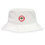 The Chico Oaks Crusher Bucket Cap by EMB S&S Activewear features white cotton twill and a red circular club logo with a tree—ideal for sun protection.
