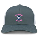 The Clover Middle Girls Retro Trucker Cap by EMB S&S Activewear features a gray and white design with “Clover Rugby” in pink and an embroidered “C” logo on the front, plus a comfortable snapback closure for adjustable fit.