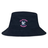 The Clover Middle Girls Crusher Bucket Cap by EMB S&S Activewear features a black cotton build with "Clover Rugby" and a bold pink and white "C" logo on the front, providing sporty style and everyday comfort with sun protection.