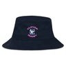 The Clover Middle Girls Crusher Bucket Cap by EMB S&S Activewear features a black cotton build with "Clover Rugby" and a bold pink and white "C" logo on the front, providing sporty style and everyday comfort with sun protection.