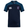 The Clover Middle Girls Vapodri Evader Jersey by EMB Canterbury features navy blue fabric, teal shoulder panels, a white logo, pink "Clover Rugby" crest, and "Vapodri" branding—designed as moisture-wicking sportswear for peak performance.