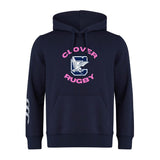 The Clover Middle Girls Club Hoodie by WRS Canterbury is navy blue with a front pocket, "Clover Rugby" and a stylized eagle with a "C" on the chest, plus three white stripes on the left sleeve.