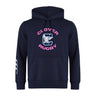 The Clover Middle Girls Club Hoodie by WRS Canterbury is navy blue with a front pocket, "Clover Rugby" and a stylized eagle with a "C" on the chest, plus three white stripes on the left sleeve.