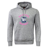 The Clover Middle Girls Club Hoodie by WRS Canterbury is a gray hooded sweatshirt with a front pocket, large "C" logo, illustrated bird, and pink "Clever Rugby"—a standout choice for any rugby fan.