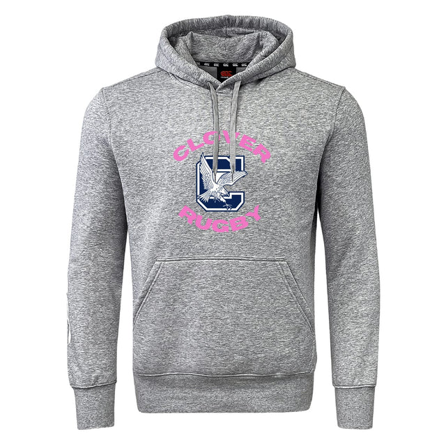 The Clover Middle Girls Club Hoodie by WRS Canterbury is a gray hooded sweatshirt with a front pocket, large "C" logo, illustrated bird, and pink "Clever Rugby"—a standout choice for any rugby fan.