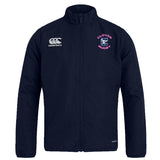 The Clover Middle Girls Club Track Jacket by EMB Canterbury features a navy blue zip-up design, white Canterbury logo on the right chest, and "Clover Rugby" crest on the left—ideal for girls' tracksuit collections.