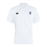 The Clover Middle Girls Waimak Polo by EMB Canterbury features a white short-sleeve design, collar, iconic logo on the right chest, and "Clovers Rugby" badge on the left, offering a timeless CCC rugby style.