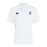 The Clover Middle Girls Waimak Polo by EMB Canterbury features a white short-sleeve design, collar, iconic logo on the right chest, and "Clovers Rugby" badge on the left, offering a timeless CCC rugby style.