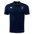 The EMB Canterbury Clover Middle Girls Club Dry Polo is a navy short-sleeve collared shirt with Vapodri Technology for breathability, featuring the Canterbury logo and Clover Rugby crest on the chest.