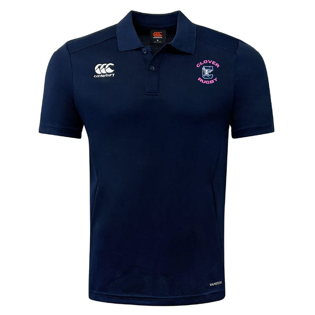 The EMB Canterbury Clover Middle Girls Club Dry Polo is a navy short-sleeve collared shirt with Vapodri Technology for breathability, featuring the Canterbury logo and Clover Rugby crest on the chest.