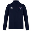 The Clover Middle Girls Club 1/4 Zip Mid Layer Training Top by EMB Canterbury is a navy blue rugby top with a white Canterbury logo on the right chest and a "Clover Rugby" crest on the left—ideal for training sessions.