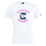 The Clover Middle Girls Club Plain Tee by WRS Canterbury features a large navy "C," an eagle illustration, and pink "CLOVER RUGBY" text. This white cotton-blend tee is a perfect customizable option for casual, sporty style.