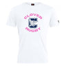 The Clover Middle Girls Club Plain Tee by WRS Canterbury features a large navy "C," an eagle illustration, and pink "CLOVER RUGBY" text. This white cotton-blend tee is a perfect customizable option for casual, sporty style.