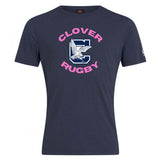 The Clover Middle Girls Club Plain Tee by WRS Canterbury is a navy blue cotton blend shirt with "CLOVER RUGBY" in pink and a large white "C" with an eagle graphic at the center.