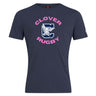 The Clover Middle Girls Club Plain Tee by WRS Canterbury is a navy blue cotton blend shirt with "CLOVER RUGBY" in pink and a large white "C" with an eagle graphic at the center.