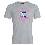 The WRS Canterbury Clover Middle Girls Club Plain Tee by Canterbury is a grey cotton-blend shirt with pink text and a bold blue "C" with an eagle—an eye-catching, customizable choice for fans.