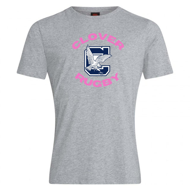 The WRS Canterbury Clover Middle Girls Club Plain Tee by Canterbury is a grey cotton-blend shirt with pink text and a bold blue "C" with an eagle—an eye-catching, customizable choice for fans.