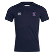 The Clover Middle Girls Club Dry Tee by EMB Canterbury is a navy blue short-sleeve tee with Vapodri technology, featuring the Canterbury logo on the right chest and a "Clovers Rugby" crest on the left.