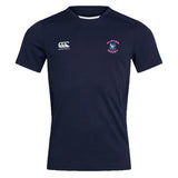 The Clover Middle Girls Club Dry Tee by EMB Canterbury is a navy blue short-sleeve tee with Vapodri technology, featuring the Canterbury logo on the right chest and a "Clovers Rugby" crest on the left.