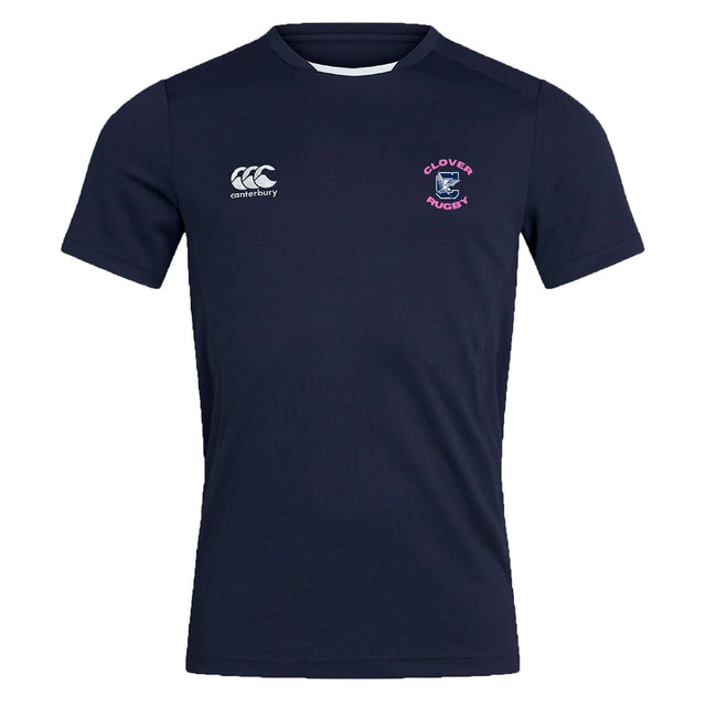 The Clover Middle Girls Club Dry Tee by EMB Canterbury is a navy blue short-sleeve tee with Vapodri technology, featuring the Canterbury logo on the right chest and a "Clovers Rugby" crest on the left.