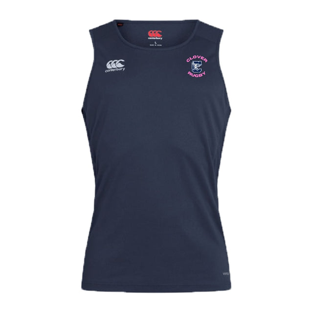 The Clover Middle Girls Club Dry Singlet by EMB Canterbury features a sleeveless navy design with "Clovers Rugby" on the left chest and the Canterbury logo on the right—ideal for athletic gear fans.