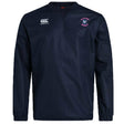 The Clover Middle Girls Club Vaposhield Contact Top by EMB Canterbury is a navy blue long-sleeve pullover with the "Canterbury" logo on the right chest, "Clovers Rugby" crest on the left, and water-repellent Vaposhield technology.