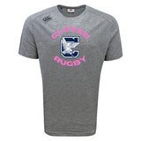 The Clover Middle Girls Tempo Vapodri T-Shirt by WRS Canterbury features "Glover Rugby" in pink, a blue “C,” and an eagle graphic on gray moisture-wicking fabric—ideal comfort for intense matches.