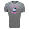 The Clover Middle Girls Tempo Vapodri T-Shirt by WRS Canterbury features "Glover Rugby" in pink, a blue “C,” and an eagle graphic on gray moisture-wicking fabric—ideal comfort for intense matches.