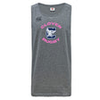The Clover Middle Girls Tempo Vapodri Singlet by WRS Canterbury is a gray sleeveless rugby shirt with "Clover Rugby" in pink and a large "C" logo featuring a bird, made from recycled polyester.
