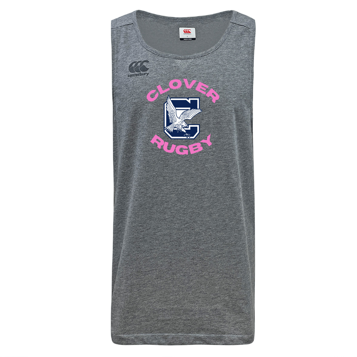 The Clover Middle Girls Tempo Vapodri Singlet by WRS Canterbury is a gray sleeveless rugby shirt with "Clover Rugby" in pink and a large "C" logo featuring a bird, made from recycled polyester.