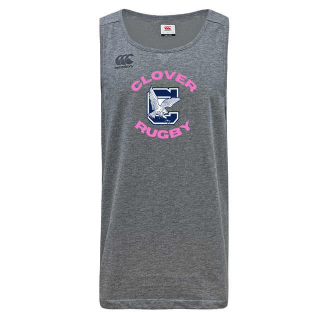 The Clover Middle Girls Tempo Vapodri Singlet by WRS Canterbury is a gray sleeveless rugby shirt with "Clover Rugby" in pink and a large "C" logo featuring a bird, made from recycled polyester.