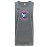 The Clover Middle Girls Tempo Vapodri Singlet by WRS Canterbury is a gray sleeveless rugby shirt with "Clover Rugby" in pink and a large "C" logo featuring a bird, made from recycled polyester.