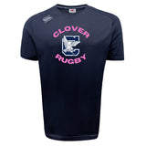 The Clover Middle Girls Tempo Vapodri T-Shirt by WRS Canterbury features "Clover Rugby" in pink, a large "C" with eagle graphic, grey shoulder logo, and moisture-wicking Vapodri material for comfort. Navy blue.