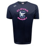 The Clover Middle Girls Tempo Vapodri T-Shirt by WRS Canterbury features "Clover Rugby" in pink, a large "C" with eagle graphic, grey shoulder logo, and moisture-wicking Vapodri material for comfort. Navy blue.