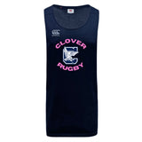 The Clover Middle Girls Tempo Vapodri Singlet by WRS Canterbury is a navy blue sleeveless rugby top made from recycled polyester, featuring "Clover Rugby" and an eagle graphic on a bold pink and white letter "C" on the front.