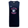 The Clover Middle Girls Tempo Vapodri Singlet by WRS Canterbury is a navy blue sleeveless rugby top made from recycled polyester, featuring "Clover Rugby" and an eagle graphic on a bold pink and white letter "C" on the front.