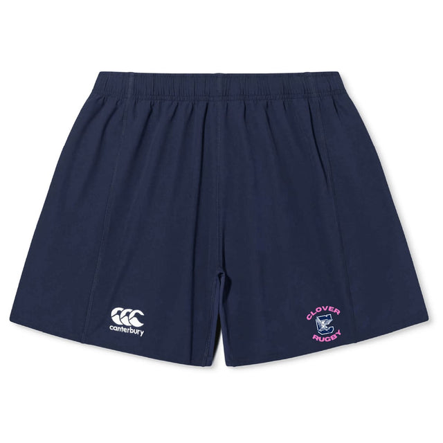 The Clover Middle Girls Yokohama Short by Canterbury features an elastic waistband, the Canterbury logo on the left leg, a Clover Rugby crest on the right, and offers lightweight comfort and durability for performance. Brand: EMB Canterbury.