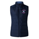 The Clover Middle Girls Women's Elite Microlite Gilet by EMB Canterbury is a navy blue insulated vest with a front zipper and "Clover Rugby" logo on the left chest, offering warmth and style.