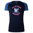 The Clover Middle Girls Women's Elite Training Tee by WRS Canterbury is a navy and blue short-sleeve rugby shirt featuring "CLOVER RUGBY" text, a large "C," and an eagle graphic—ideal for active days.