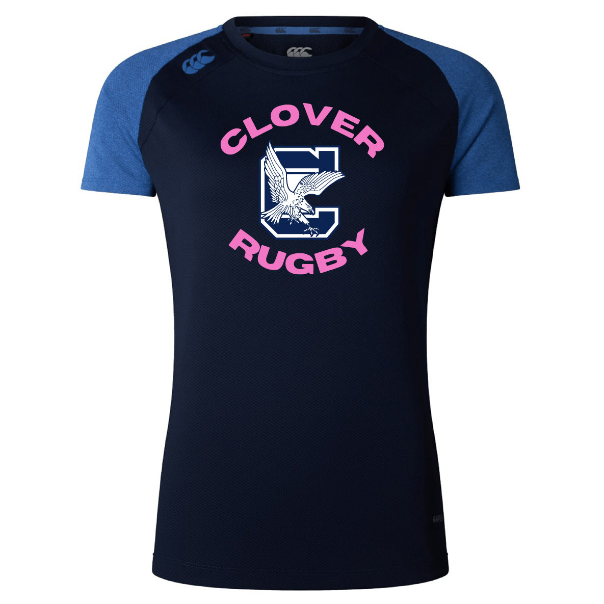 The Clover Middle Girls Women's Elite Training Tee by WRS Canterbury is a navy and blue short-sleeve rugby shirt featuring "CLOVER RUGBY" text, a large "C," and an eagle graphic—ideal for active days.