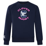 The Clover Middle Girls Club Crew Sweatshirt by WRS Canterbury features navy blue ultra-soft fabric, "CLOVER RUGBY" in pink, a bold "C" with eagle graphic on the chest, and a small Canterbury logo on the sleeve for style and comfort.