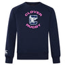 The Clover Middle Girls Club Crew Sweatshirt by WRS Canterbury features navy blue ultra-soft fabric, "CLOVER RUGBY" in pink, a bold "C" with eagle graphic on the chest, and a small Canterbury logo on the sleeve for style and comfort.