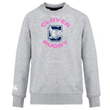 The Clover Middle Girls Club Crew Sweatshirt by WRS Canterbury features "Clover Rugby" in pink and a large "C" with an eagle on the chest, plus a small white logo on the left cuff. Ultra soft for everyday comfort.