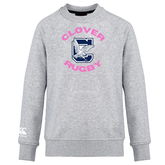 The Clover Middle Girls Club Crew Sweatshirt by WRS Canterbury features "Clover Rugby" in pink and a large "C" with an eagle on the chest, plus a small white logo on the left cuff. Ultra soft for everyday comfort.