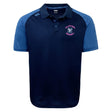 The Clover Middle Girls Elite Polo by EMB Canterbury features navy and light blue short sleeves, a "Clover Rugby" chest logo, Canterbury logo on the right shoulder, and is made from durable Vapodri fabric for comfort.