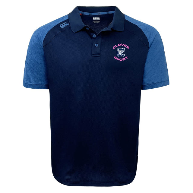 The Clover Middle Girls Elite Polo by EMB Canterbury features navy and light blue short sleeves, a "Clover Rugby" chest logo, Canterbury logo on the right shoulder, and is made from durable Vapodri fabric for comfort.