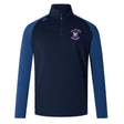 The Clover Middle Girls Elite First Layer by EMB Canterbury is a navy and dark blue long-sleeve training top with a quarter-zip, "Clovers Rugby" crest on the left chest, right shoulder logo, and VapoDri technology for comfort.
