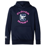 The Clover Middle Girls Club Lightweight Hoodie by WRS Canterbury is a navy blue hoodie with "Clover Rugby" text, an eagle graphic, a large "C" on the front, and a handy kangaroo pocket.