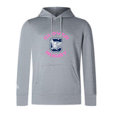 The Clover Middle Girls Club Lightweight Hoodie by WRS Canterbury is light gray with “CLOVER RUGBY” in pink, a large blue “C” and bird graphic on the chest, plus a roomy kangaroo pocket.